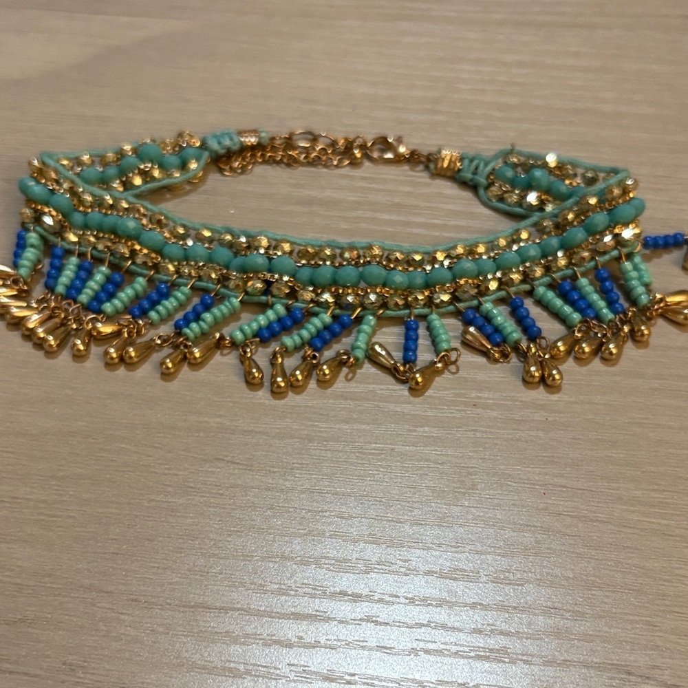 Gold and Green Beaded Bracelet, vintage‎ , adjustable